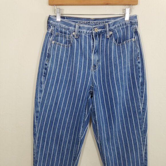 American Eagle Mom Jean Striped Blue Jeans Size 4 - Picture 2 of 7